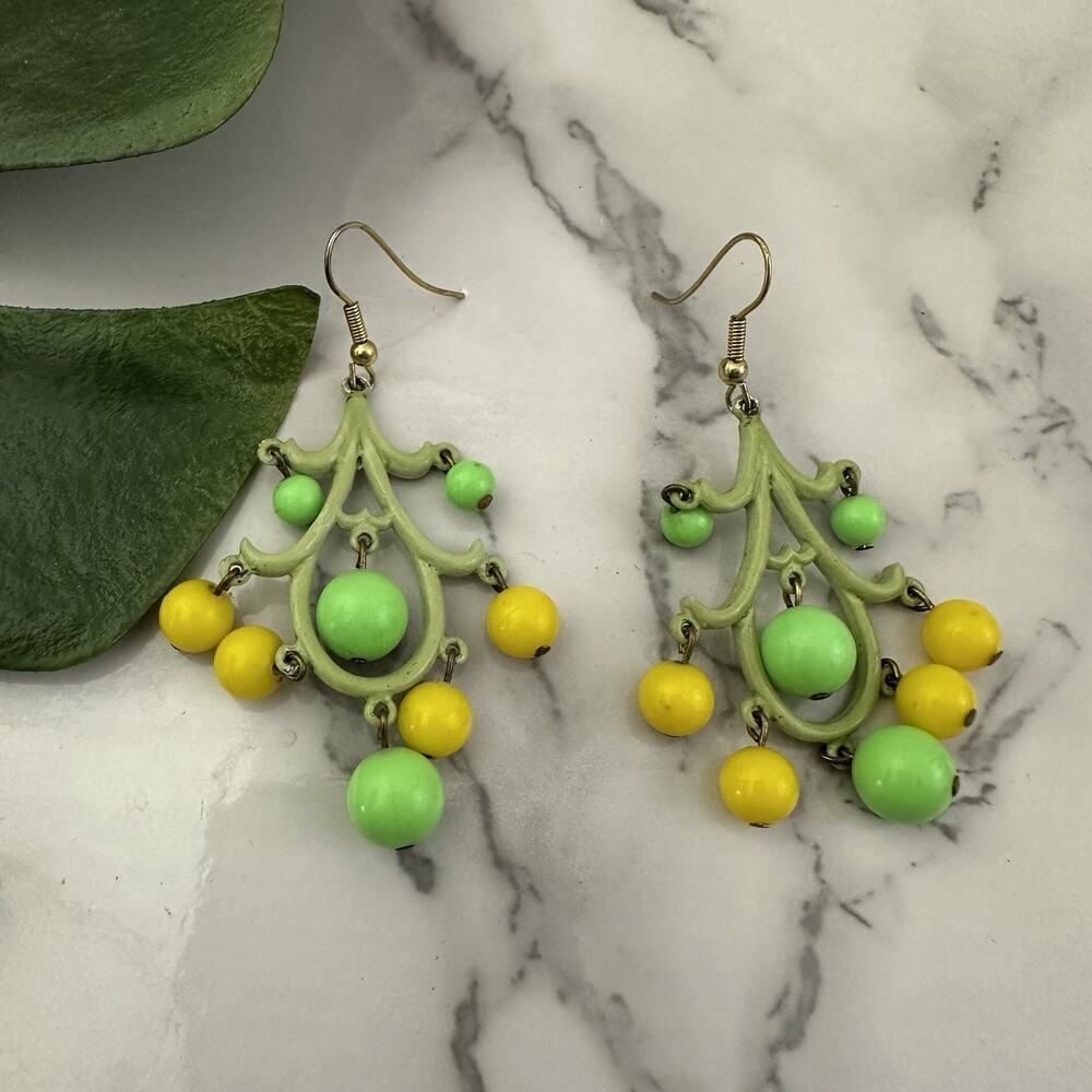 Vintage 60s Chandelier Earrings Mint Green Yellow Beaded Dangle Pastel - Picture 2 of 3